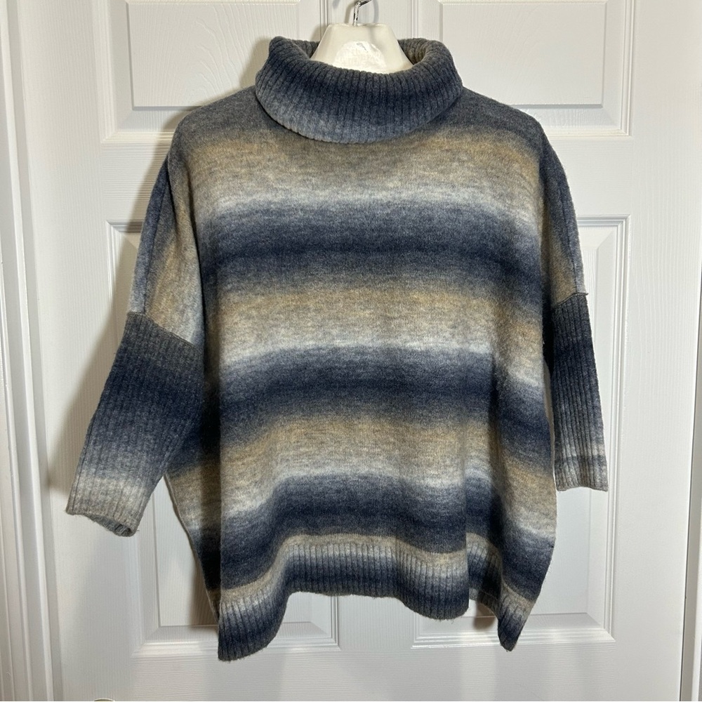 LOFT Blue and Tan Striped Cowl Neck Sweater